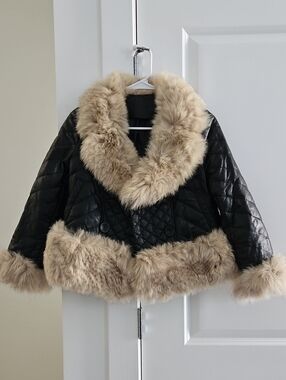 NWOT Real Fox Fur Sheep Leather Duck Down Black Quilted Coat Large Tan Fur Trim